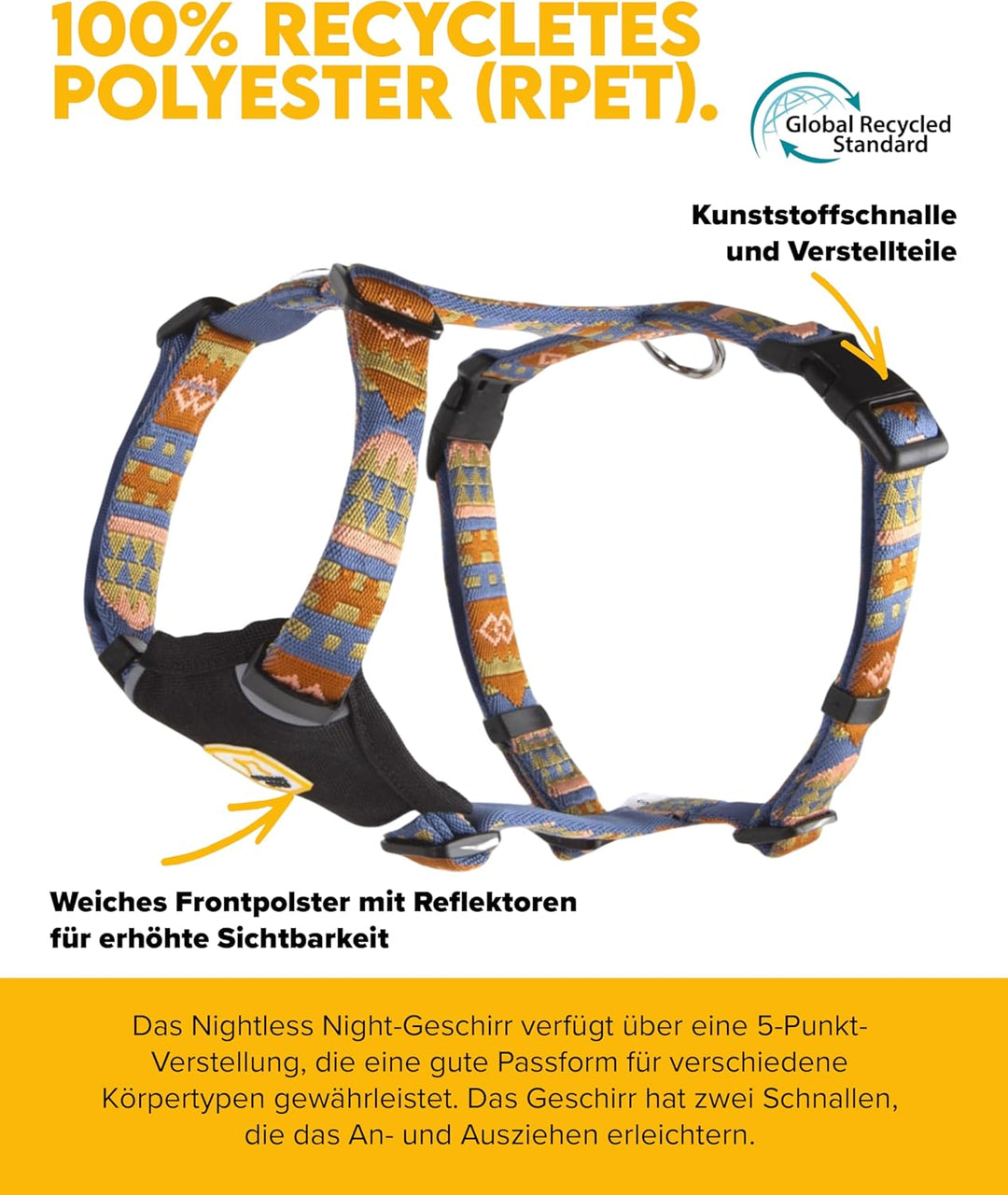 Woolly Wolf Nightless Night Dog Harness M - Hundegeschirr für mittelgrosse Hunde aus recyceltem Poly