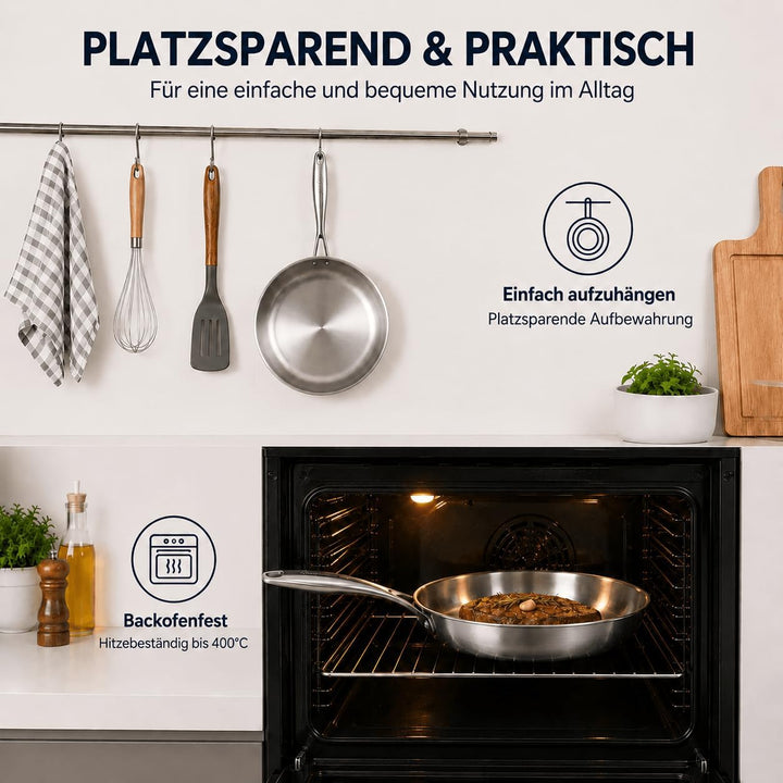 Edelstahlpfanne 28 cm mit Deckel, Unbeschichtete Bratpfanne für Induktion, Durchgehend 3-lagig (3 mm