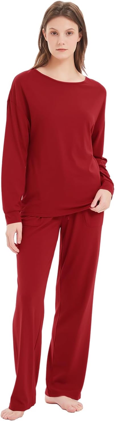 Damen Schlafanzug Weich Gestricktes Pyjama Set Gemütliche Nachtwäsche Baumwolle und Modal Atmungsakt