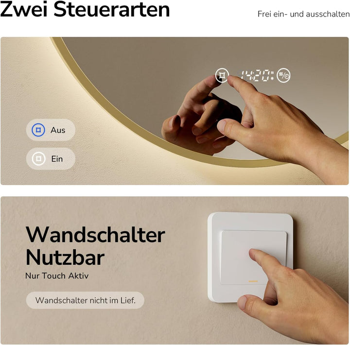 EMKE LED Badspiegel Rund Spiegel mit Beleuchtung ф70cm Gebürstetem Goldrahmen LED Badezimmerspiegel