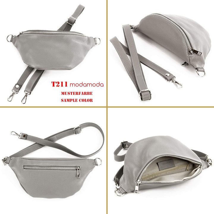 modamoda de - T211 - ital. Hüfttasche Bauchtasche Brusttasche Medium aus weichem Leder, Farbe:Graube