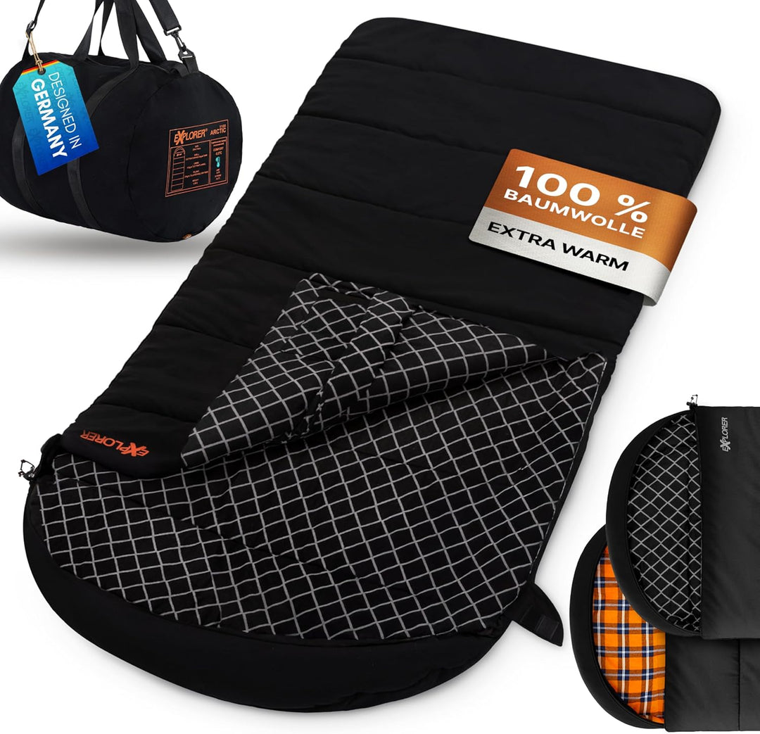 EXPLORER Arctic XXL Deckenschlafsack Winter -24°C Extrem – Camping Schlafsack aus 100% Baumwolle & F
