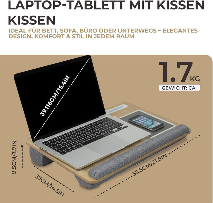 Laptopkissen für Bett &amp; Sofa – Knietablett mit Kissen, Handyhalter &amp; Handgelenkauflage – Passend bis