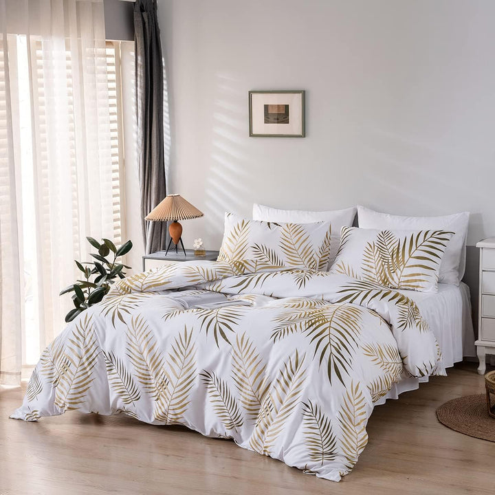 Damier Bettwäsche 135x200cm Gold Weiss Blätter Muster Bettbezug Set 2 Teilig Weiche Microfaser Decke