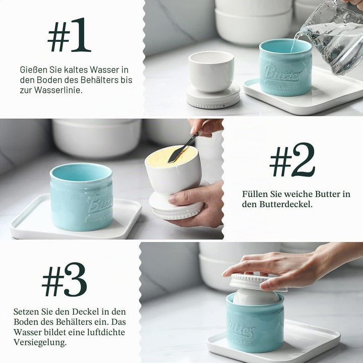DOWAN Butterdose Keramik, Französische Butterdose mit Deckel, Wassergekühlte Butterdose mit Wasserli