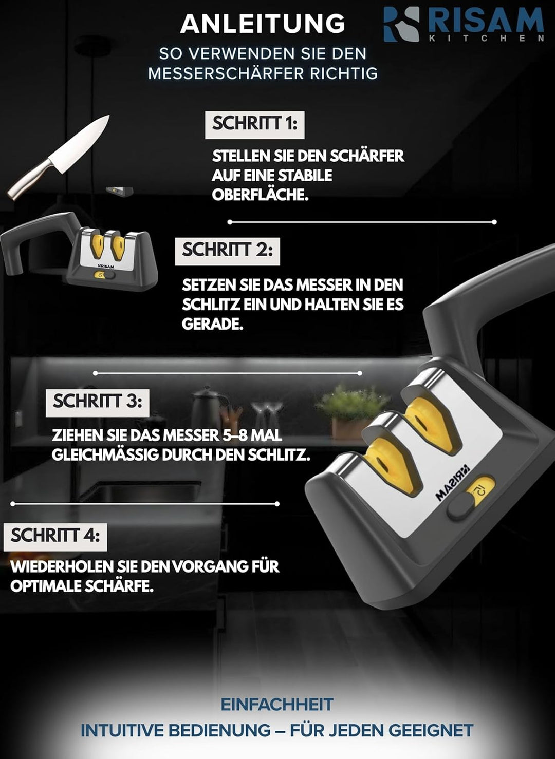 Messerschärfer – 2-stufiges Schleifsystem mit Diamant- & Wolframeinsätzen – Rutschfester Standfuss –