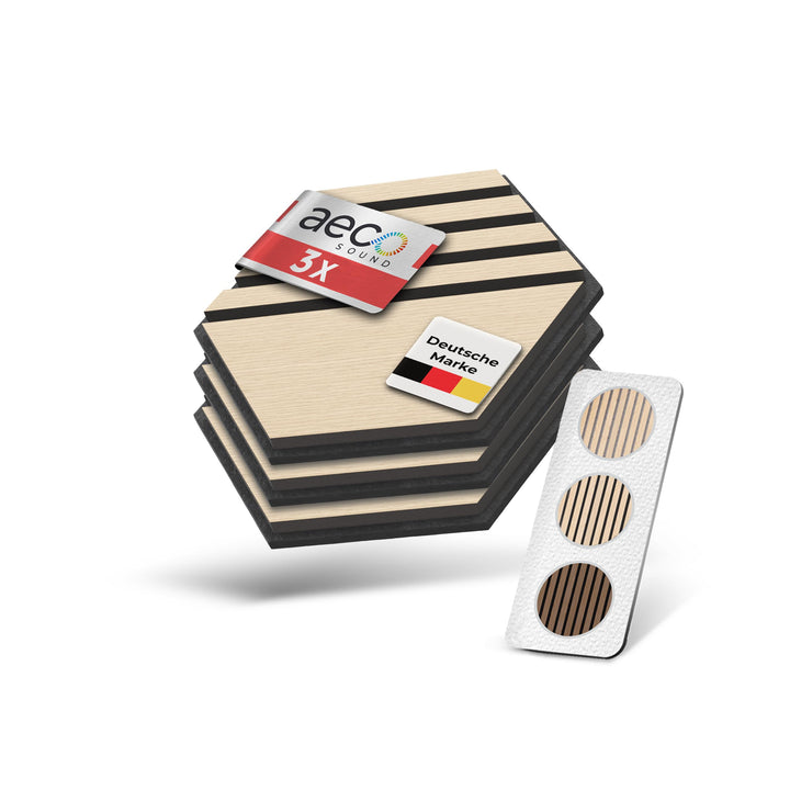Akustikpaneele Holz selbstklebend – 3er-Set | Echtholz Eiche & Akustikfilz Schwarz | Hexagon 30x26cm