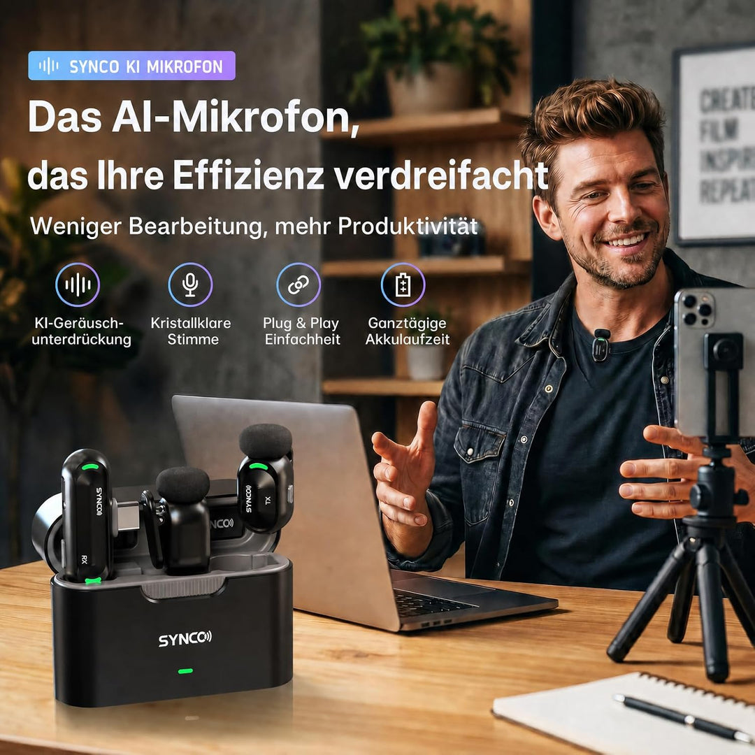 SYNCO SMICT KI Funkmikrofon für Android, Kabelloses Lavalier Mikrofon mit Echtzeit Übersetzung, AI A