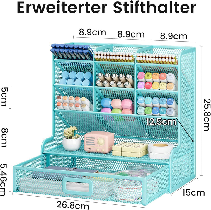 VITVITI Schreibtisch Organizer, 9 Fächer Stiftehalter mit Schublade, Netz Stifte Regal aus Metall, S