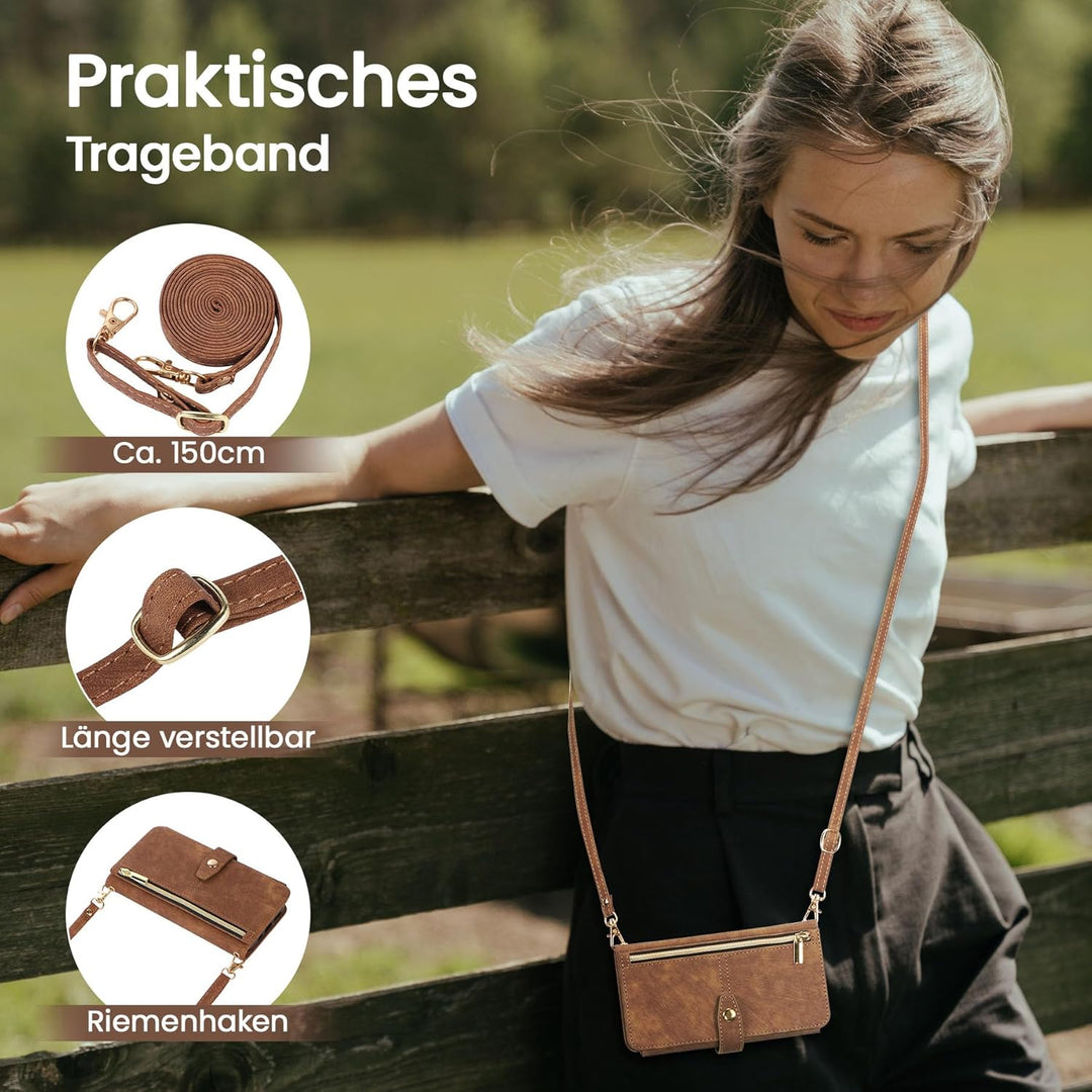 ZCDAYE Hülle für iPhone 16 mit Band Handykette, Leder iPhone 16 Handyhülle Handytasche mit Kartenfäc