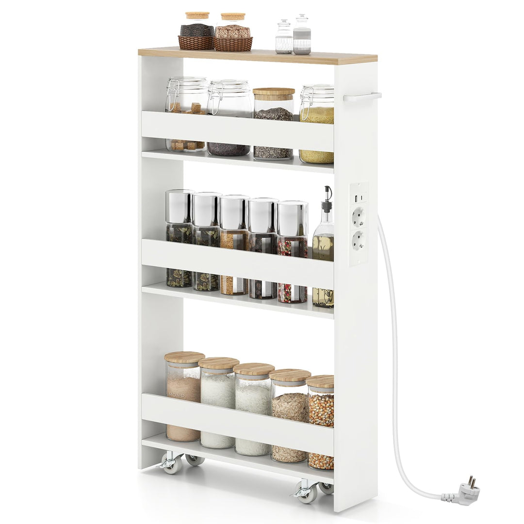 COSTWAY Nischenwagen 13cm breit, 4 Etagen Küchenwagen schmal mit Ladestation, Nischenregal auf Rolle
