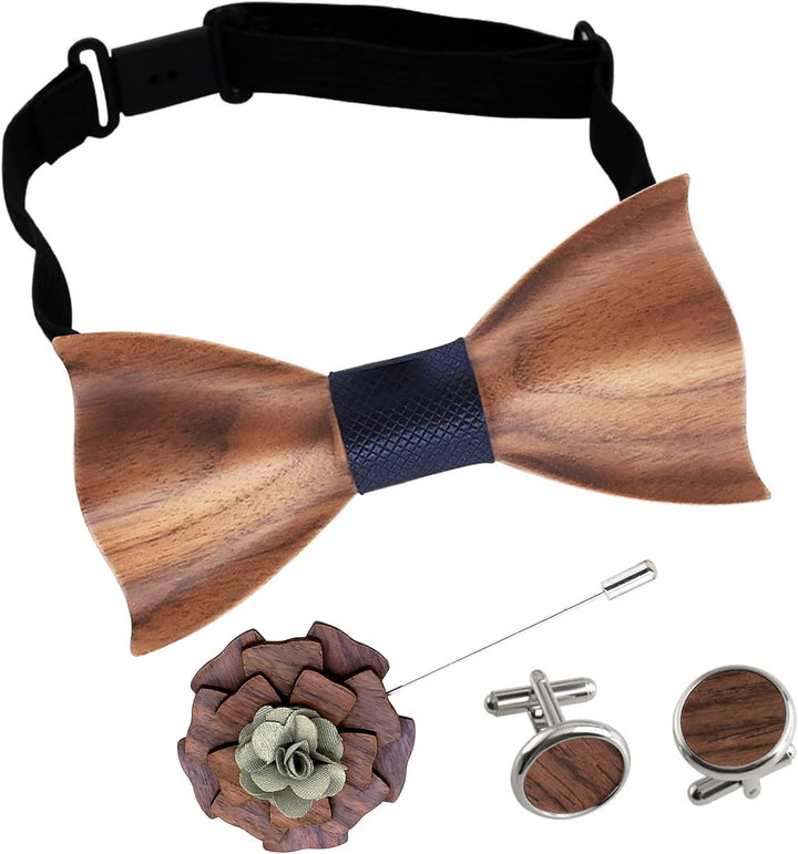 Mr.Van Holzfliege Klassische Set Fliege Herren,Holzfliege, Holz Manschettenknöpfe, Holzbrosche, Eins