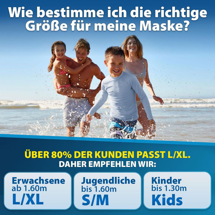 Die Preisgekrönte KAIMANA® Schnorchelmaske Kinder & Erwachsene - absolut CO₂ sicher - inkl. Tragetas