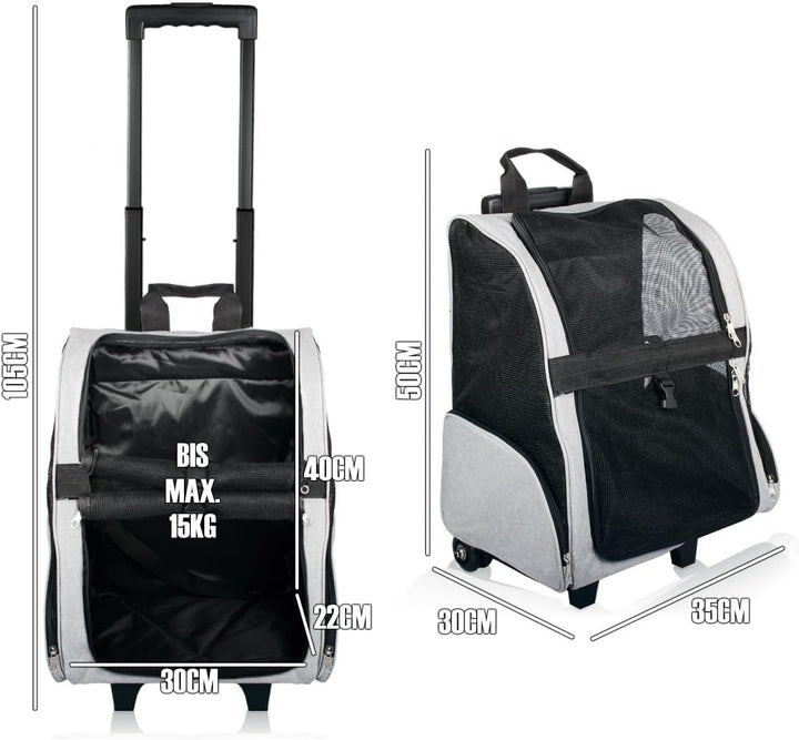 2IN1 Rucksack Trolley Hund Katze bis 15kg Transporttasche mit Rollen Hunderucksack Katzentrolley