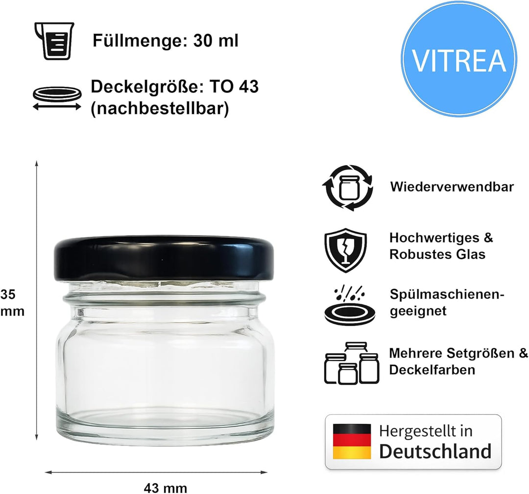 Vitrea 25x Mini Marmeladengläser 30 ml - mit Deckel Schwarz TO 43 - kleine Einmachgläser zum befülle