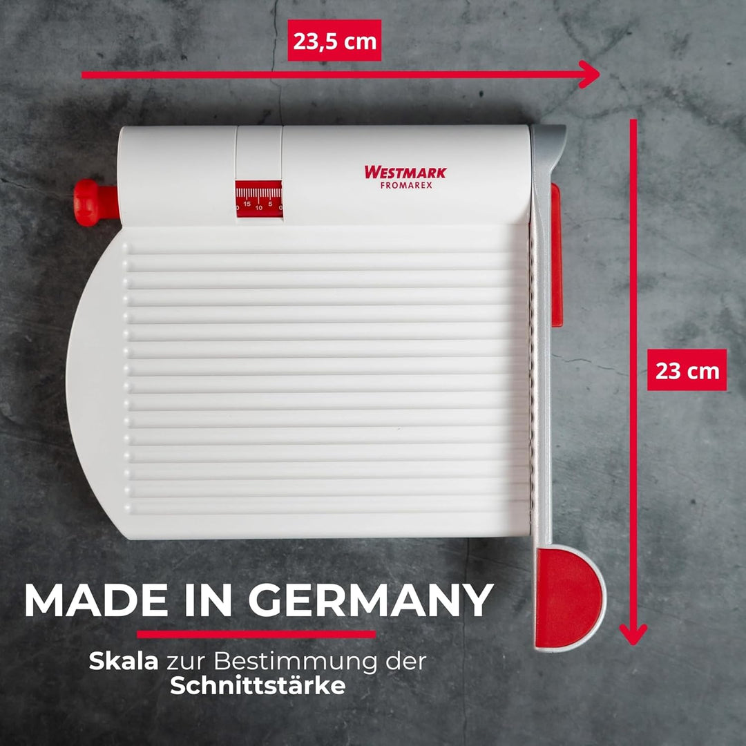 Westmark Käseschneide-Apparat mit scharfer Klinge, Variable Schnittstärke, Rostfreier Edelstahl/Alum