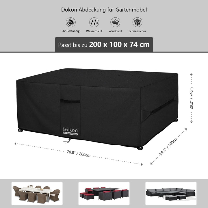 Dokon Abdeckung für Gartenmöbel Wasserdicht, 200x100x74cm, Gartentisch Schutzhülle mit Belüftungsöff