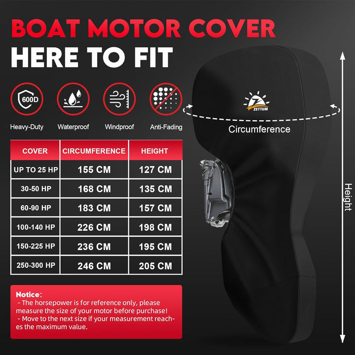 Zettum Aussenborder Abdeckung für Motoren von 150 bis 225 PS, 600D Bootsmotorabdeckung Wasserdicht &