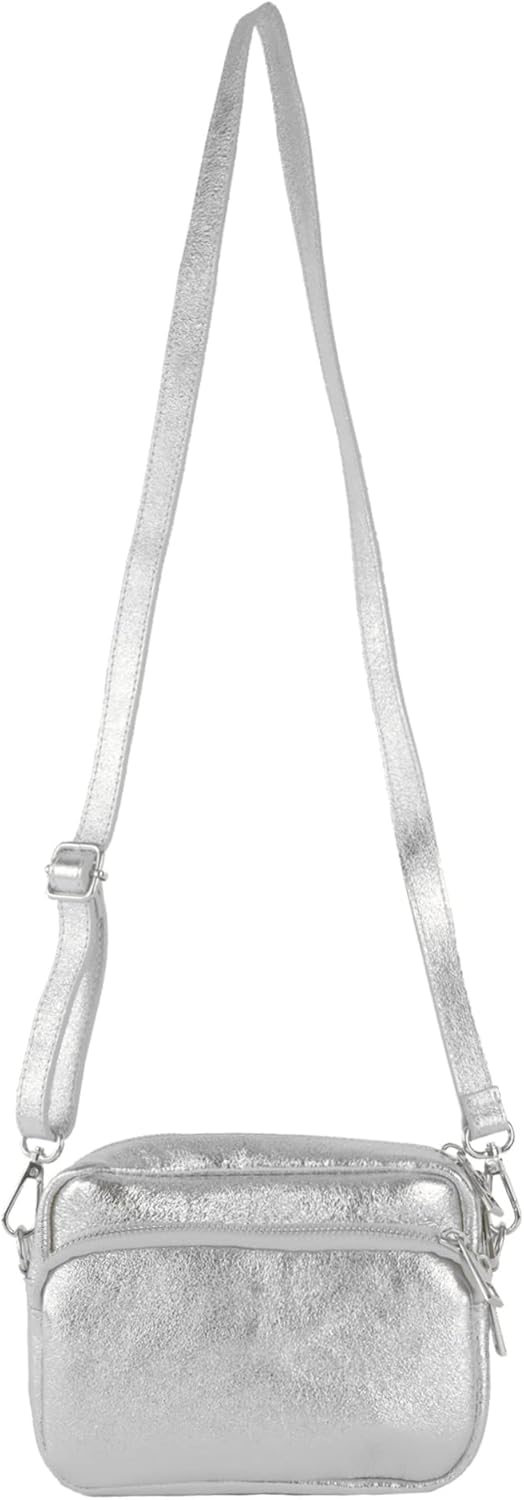modamoda de - T231 - ital. Umhängetasche Klein Small aus Leder Silber-metallic, Silber-metallic