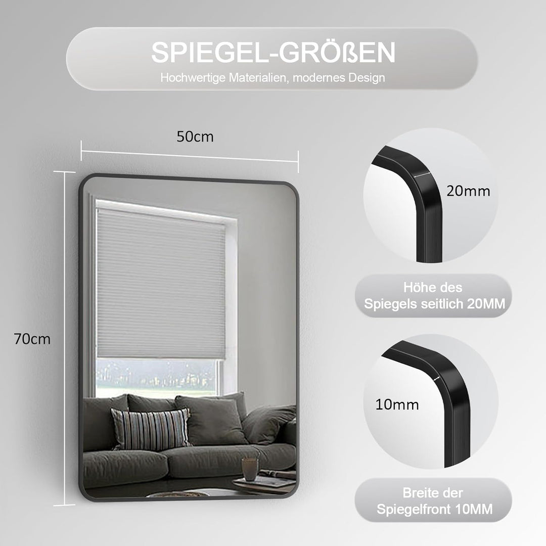 Spiegel Schwarz gross Wandspiegel 50x70cm Rechteckiger Metallrahmen Badspiegel Badezimmer Abgerundet