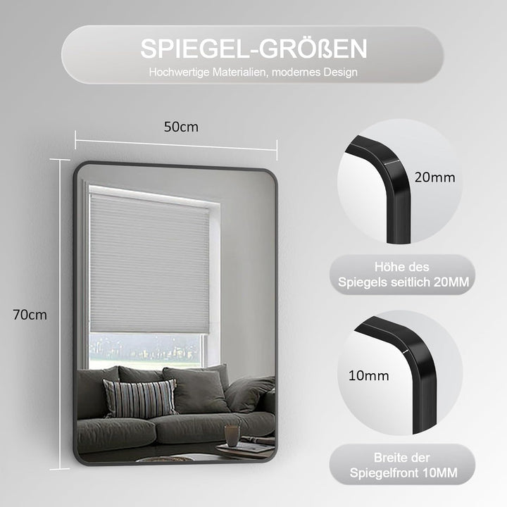 Spiegel Schwarz gross Wandspiegel 50x70cm Rechteckiger Metallrahmen Badspiegel Badezimmer Abgerundet