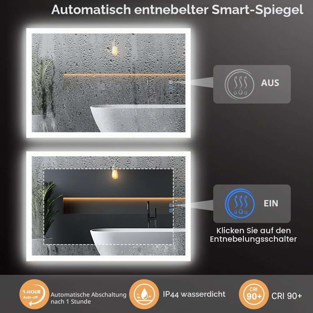 badspiegel mit Beleuchtung, Sandstrahl-Design led Spiegel Bad, 3 Farbtemperaturen, Dimmbar, Entfoggi