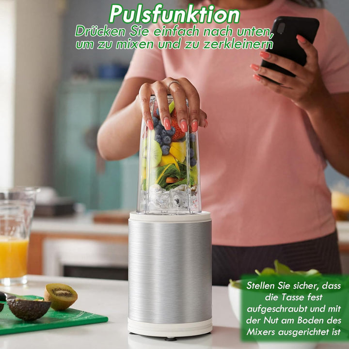 Tragbarer Mixer Smoothie Maker, 1200W Mini Smoothie Maker & Standmixer, 2 x 800ml Tragbare Mixbecher