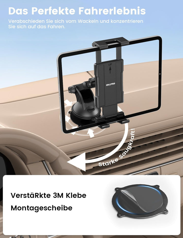 OHLPRO Tablet Halterung Auto,360° Drehung Tablethalterungen 18cm Ausziehbare Arm+ Waschbar Saugnapf,