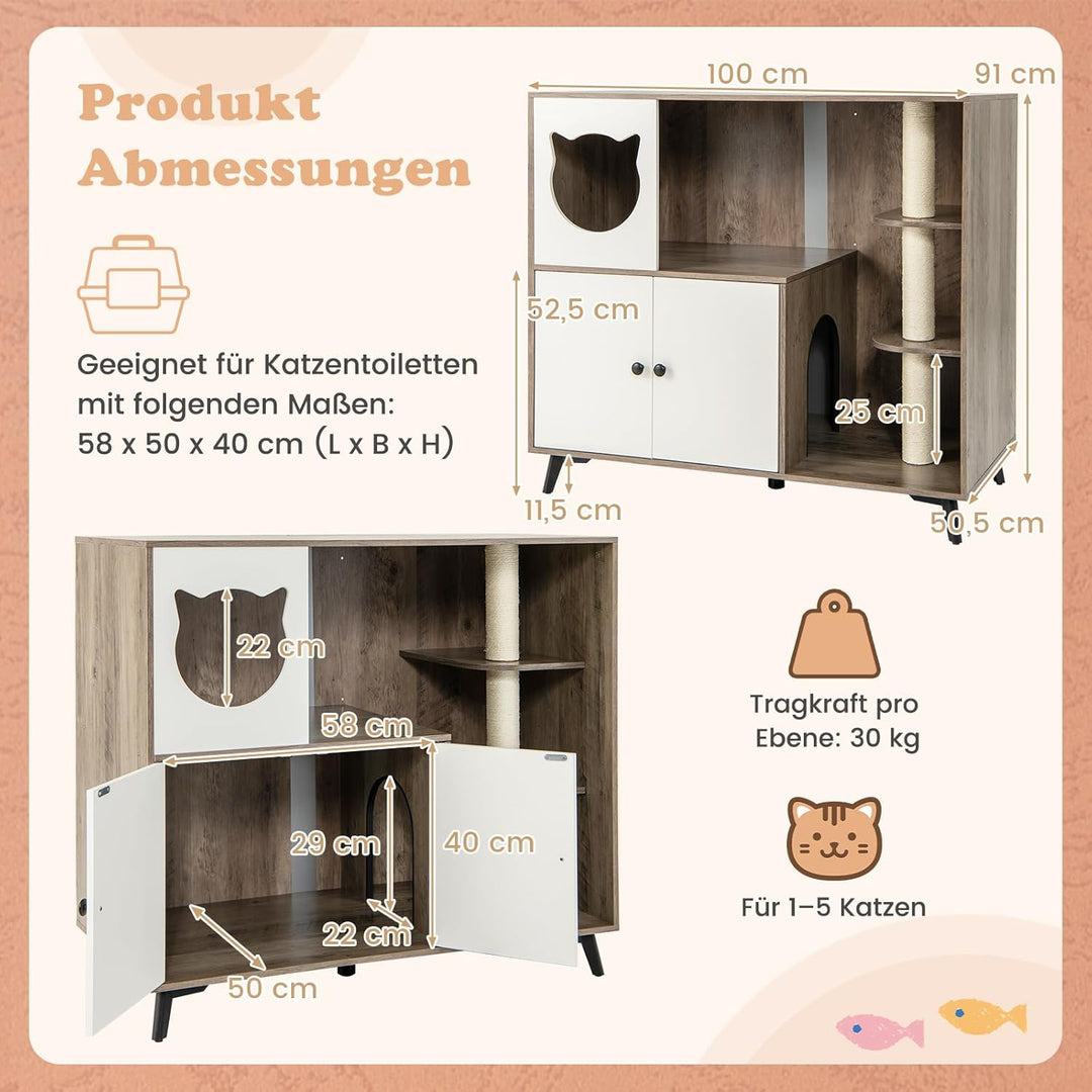COSTWAY Katzenklo Schrank mit Kratzbaum, Katzenschrank für Katzentoilette mit Katzenhaus, Eingang, 2