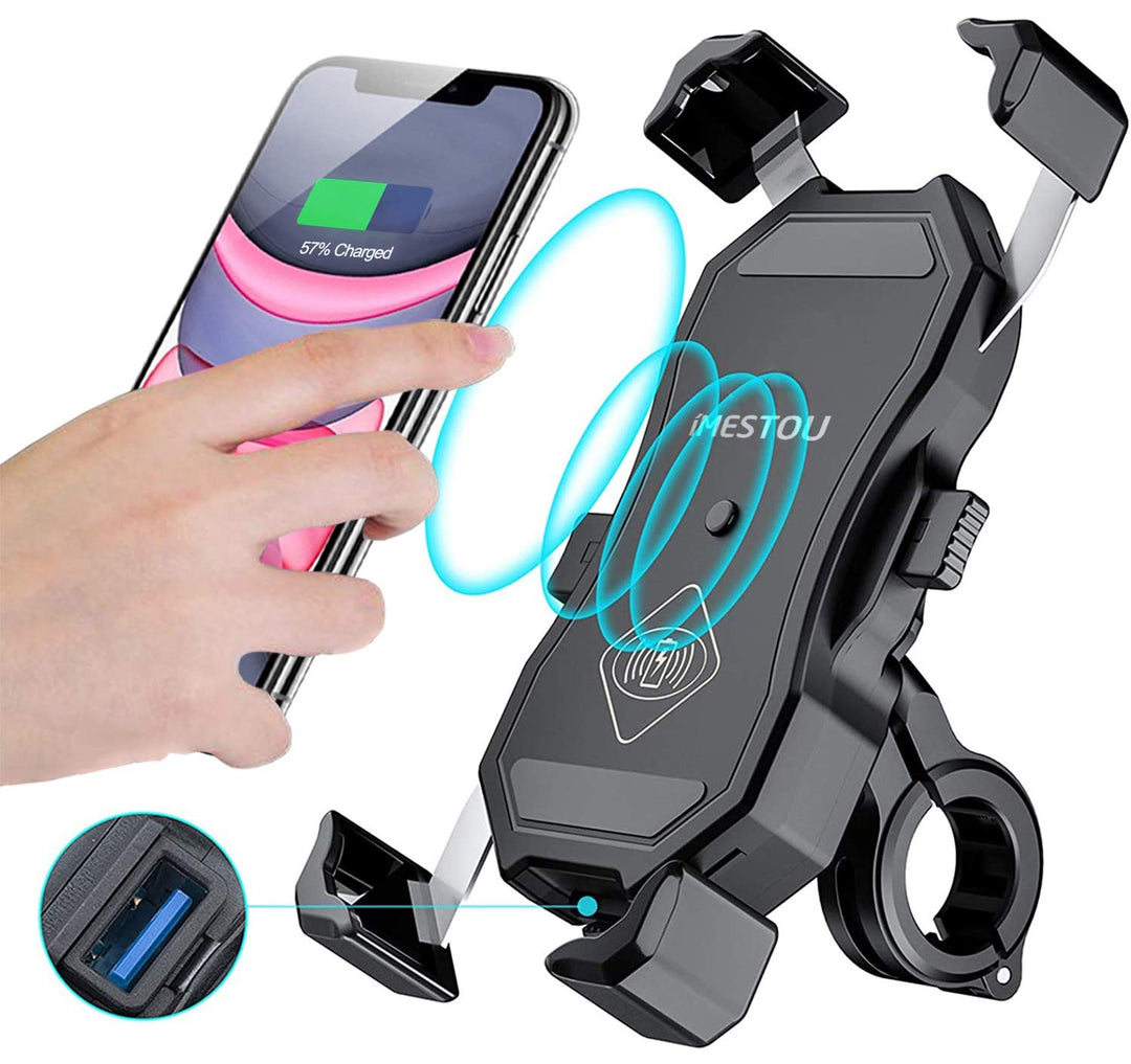iMESTOU Motorrad Wireless Telefonhalterung 15W Qi & USB Quick Charger 3.0 Lenker/Rückspiegel Mobile