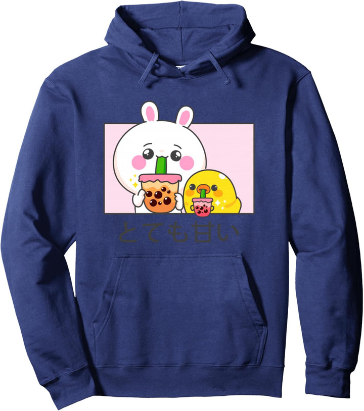 Kawaii süsser Anime Hase und Ente trinken Bubble Tea Pullover Hoodie