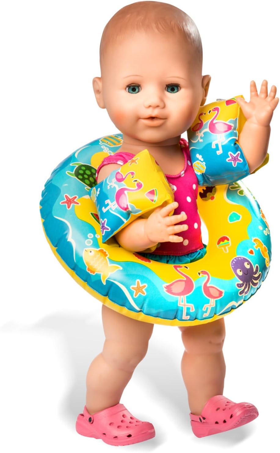 Heless 88 - Schwimm-Set für Puppen, Badeanzug, Clogs, Schwimmring und -flügel mit lustigen Bade- und
