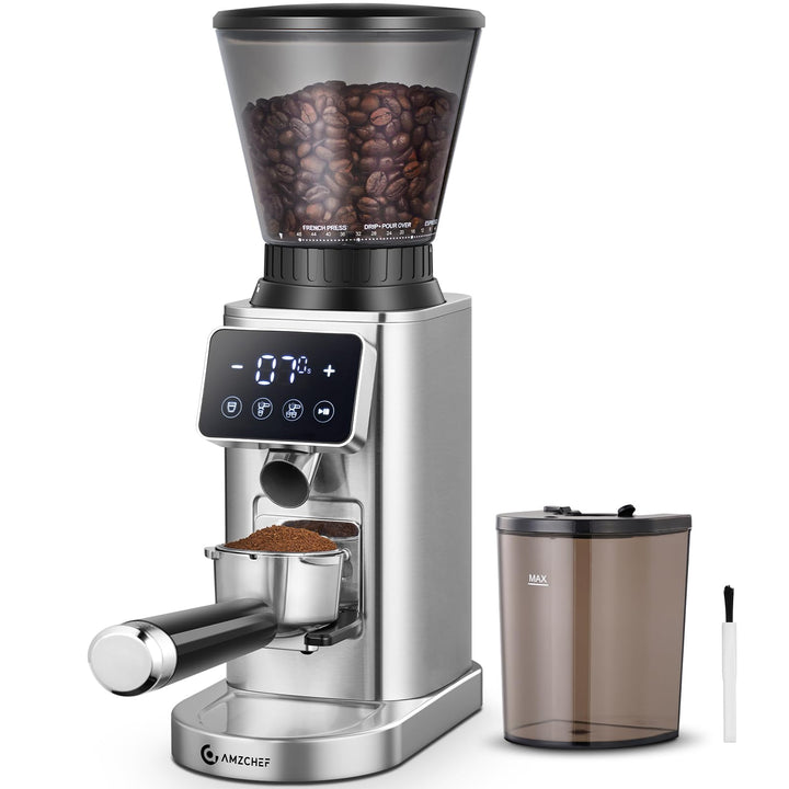 AMZCHEF Kaffeemühle Elektrisch mit Abnehmbarem Halter für Siebträger und Behälter | Kaffeemühle Sieb