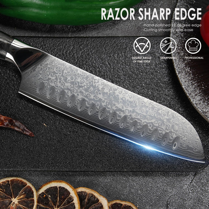 Home Safety Santoku Messer Damast - Damastmesser Profi Kochmesser I extra Scharfes 17.8cm Klinge aus