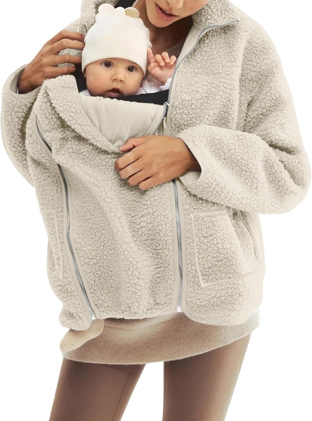 SYDUZAX Umstandsjacke mit Babyeinsatz Warm Teddy Fleecejacke Umstands Baumwolljacke Winter Umstandsm