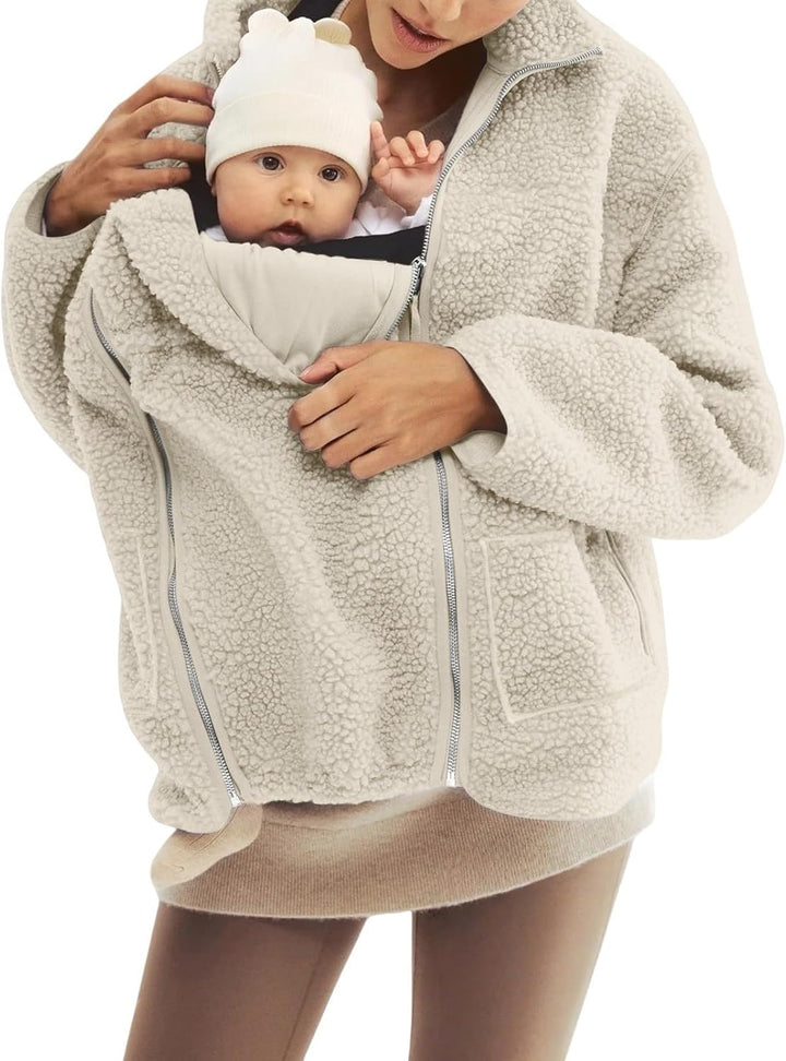 SYDUZAX Umstandsjacke mit Babyeinsatz Warm Teddy Fleecejacke Umstands Baumwolljacke Winter Umstandsm