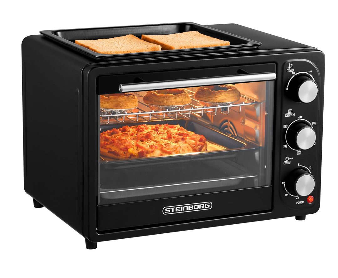 3in1 Mini Backofen 20 Liter mit Umluft inkl. Warmhalteplatte | Minibackofen | Pizza-Ofen | Krümelble