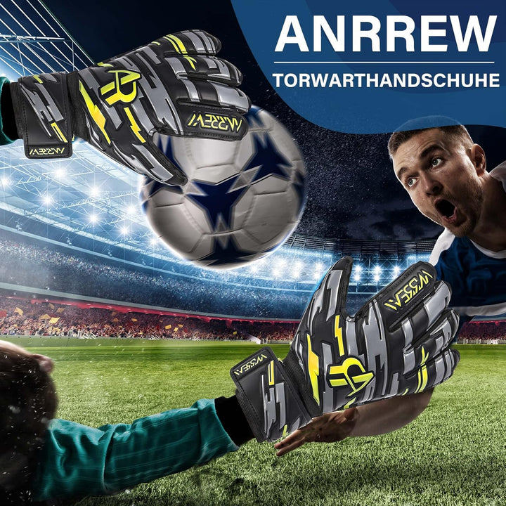 Anrrew Fussball Torwarthandschuhe mit Fingerschutz und doppeltem Handgelenkschutz. Torwarthandschuhe