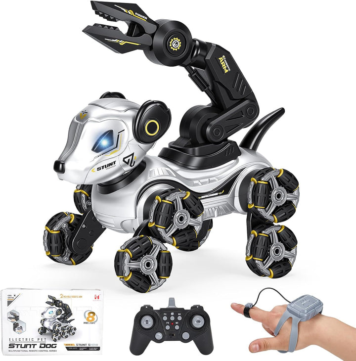 Roboter Hund Kinder – Interaktiver RC Roboterhund mit Gestensteuerung Uhr, Greifarm, 8-Rad Stunts, L