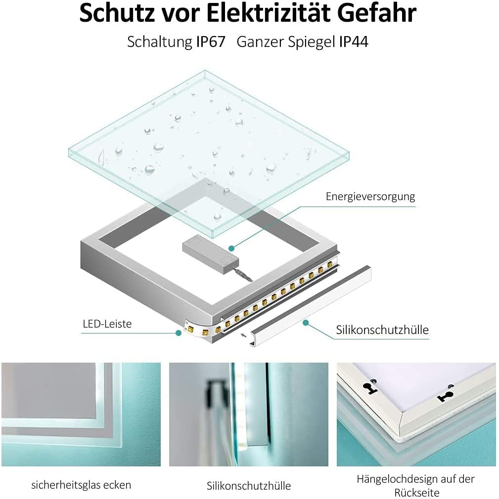 EMKE Badspiegel mit Beleuchtung 40x60cm, Badezimmerspiegel mit Kippschalter+Beschlagfrei+2 Lichtfarb