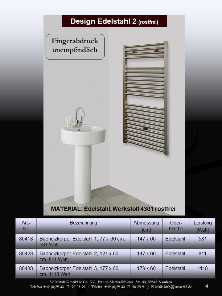 Badheizkörper Design Edelstahl 2, HxB: 121 x 60 cm, 811 W MADE IN GERMANY Szagato Handtuchheizung Ha