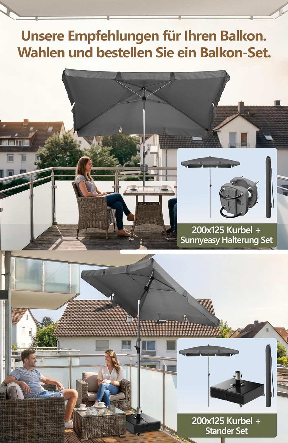 Menz Sonnenschirm, inkl. Sonnenschirmhülle - UPF 50+ Sonnenschirm rechteckig 200 x 125 cm, Sonnensch