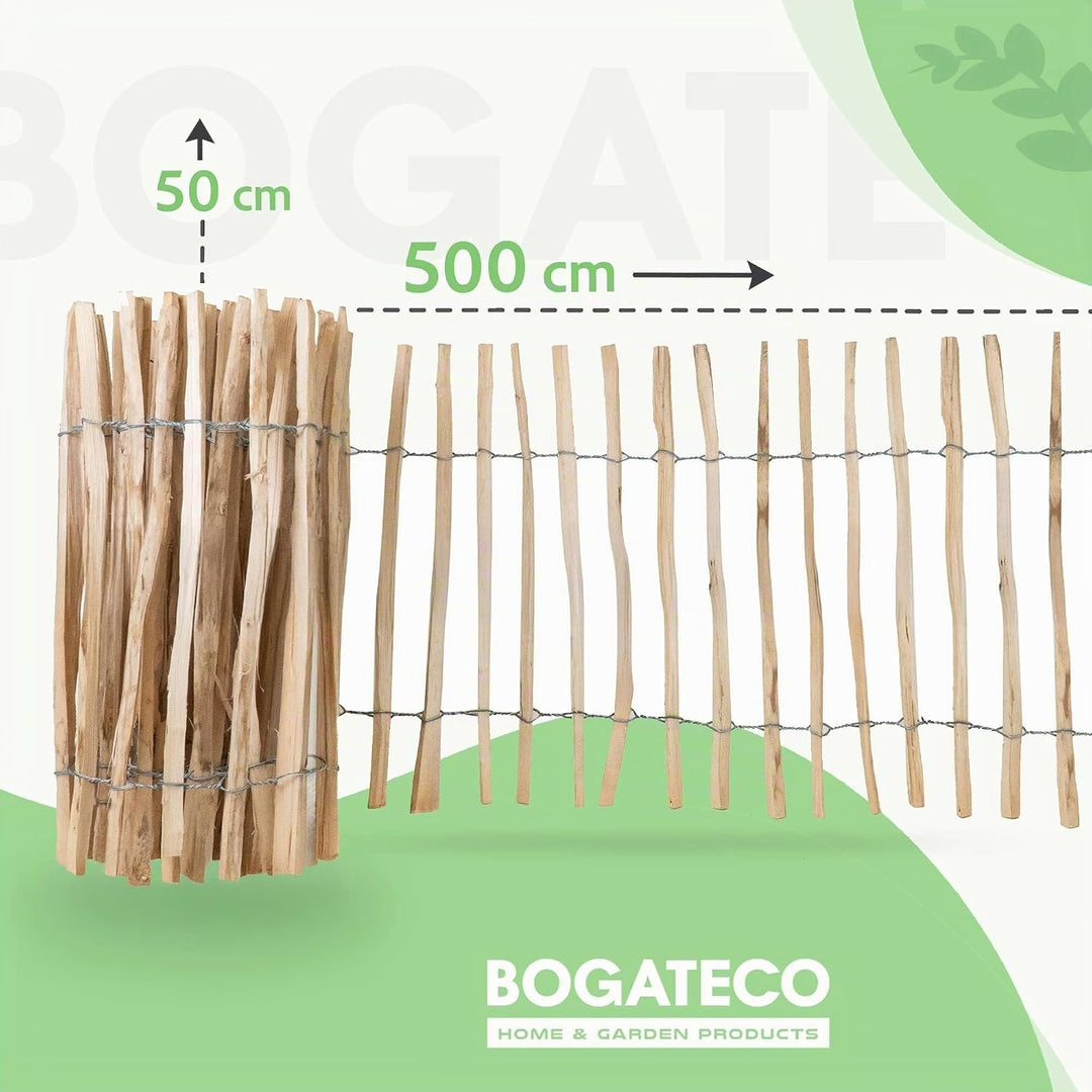 BOGATECO Staketenzaun Haselnuss Kastanie | Holz-Zaun 50 cm Hoch &amp; 500 cm Lang | Lattennabstand 4-5 c