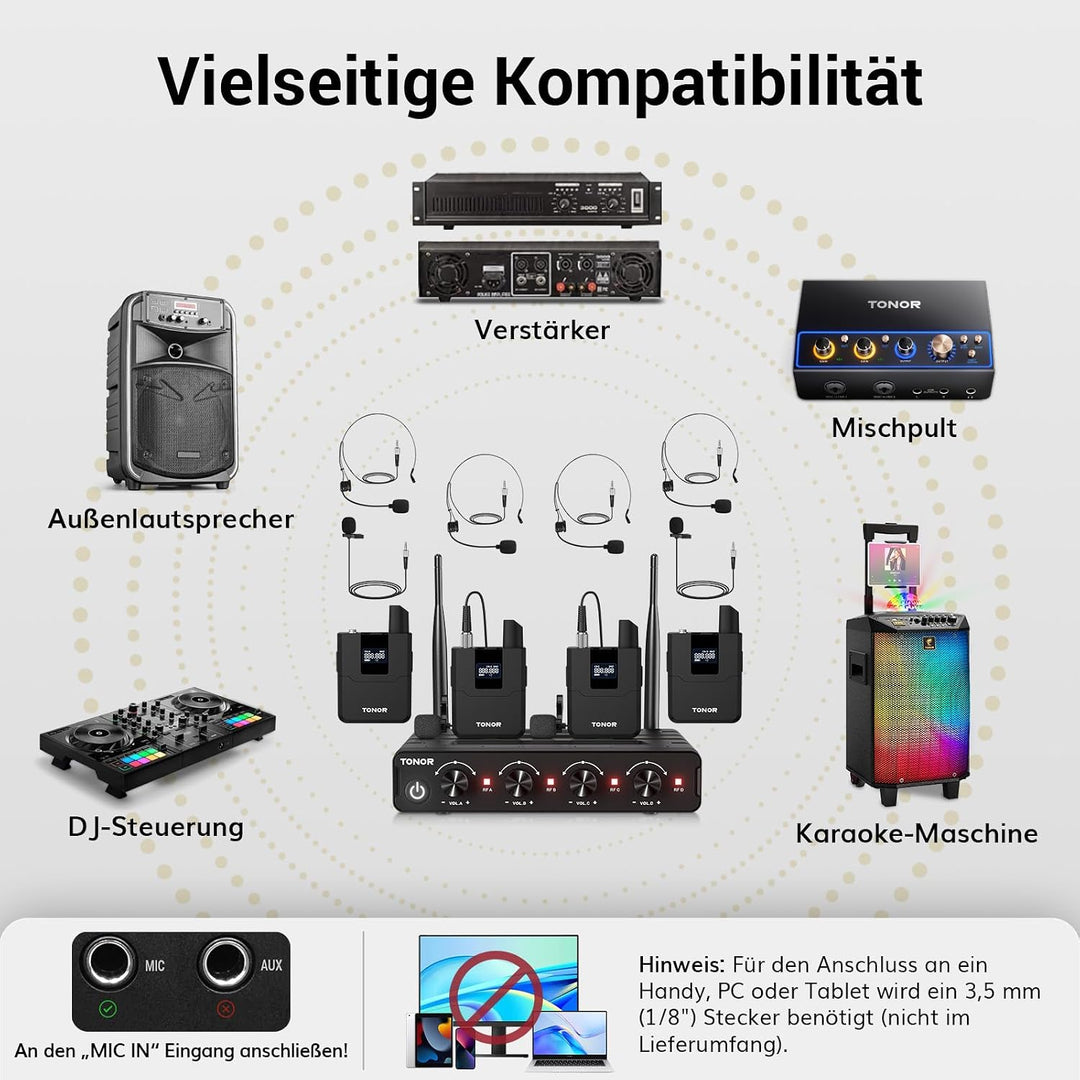 TONOR UHF Mikrofon Kabellos Set mit 4 Bodypack Transmitter/Headset/Lavalier Wireless Microphone, 4x5