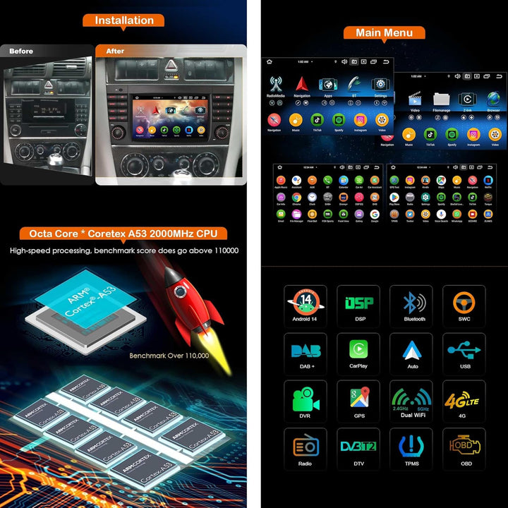 Erisin 7 Zoll Android 14 Autoradio Für Mercedes Benz C Klasse W203 CLC Klasse G-Klasse W463 GPS Navi