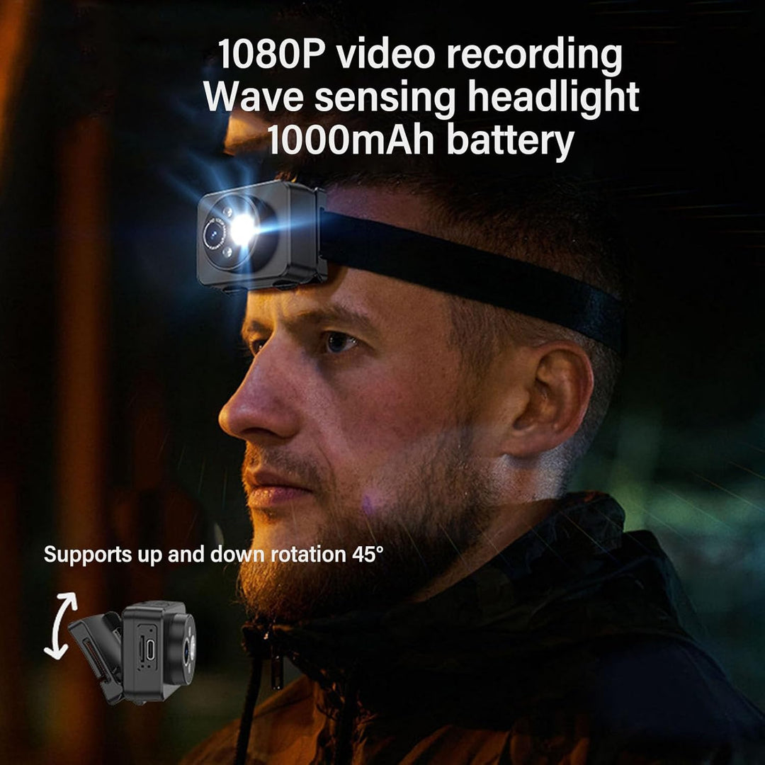 LICAEVEY Head-Mounted-Action-Kamera, 1080P, 45-Grad-Einstellung, Smart Sensing mit LED-Scheinwerfer-