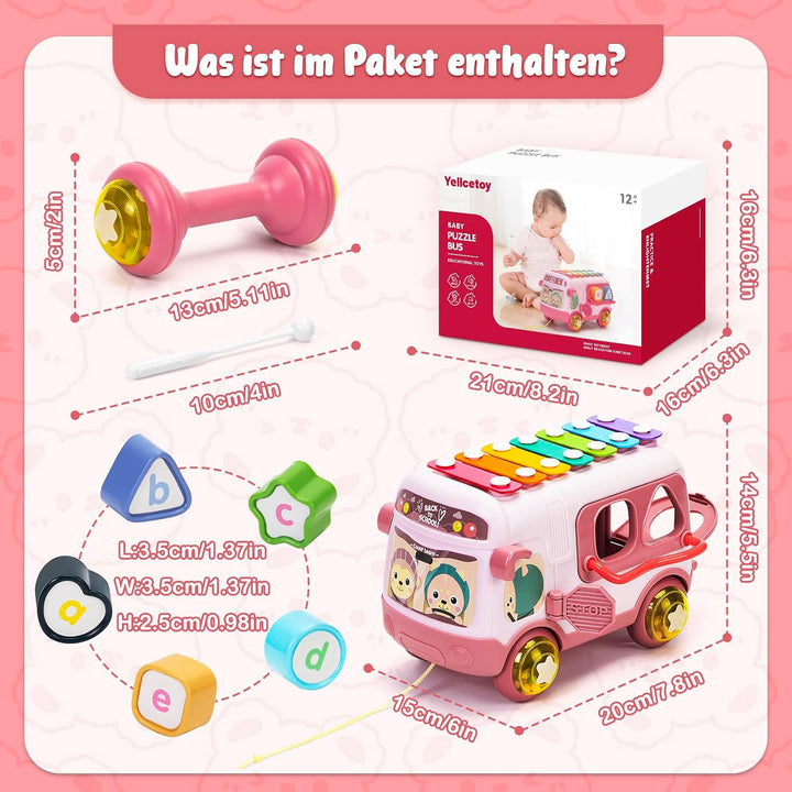 Spielzeug Geschenk ab 1 Jahr Mädchen, Musikalischer Bus mit Xylophon Motorikwürfel Rassel Rad, Baby