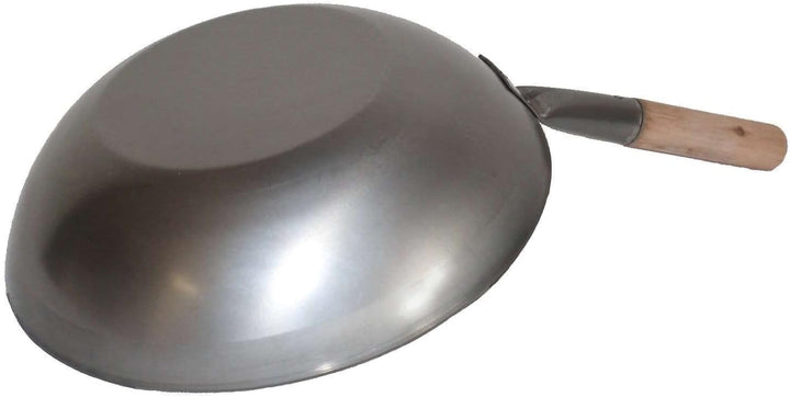 Wok Pfanne ca. Ø 34 cm flacher Boden für Gas, Induktion, Ceran und Elektro, mit Holzgriff