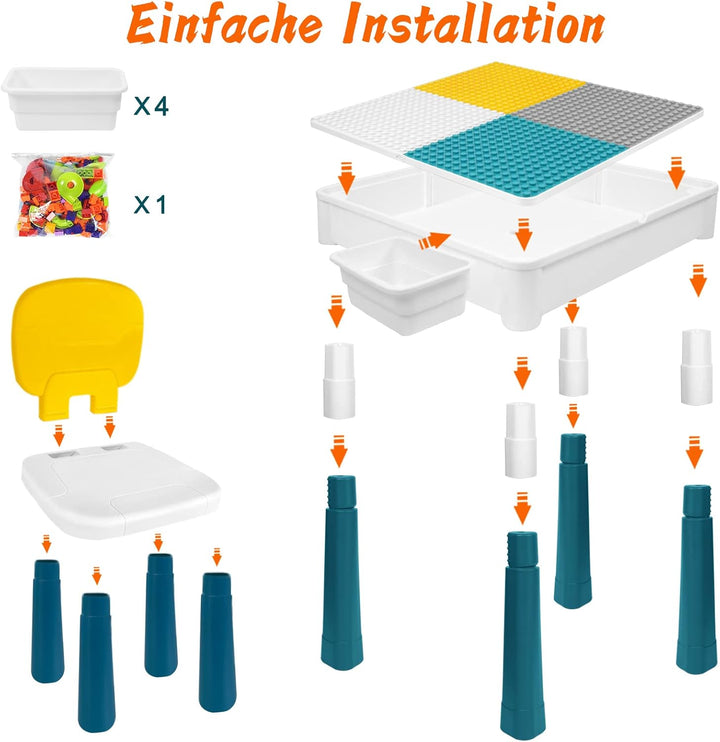6-in-1 Kindertisch mit 2 Stühle, Kinder Spieltisch mit 163 Bausteinen, Doppelseitiger Tischplatte, M