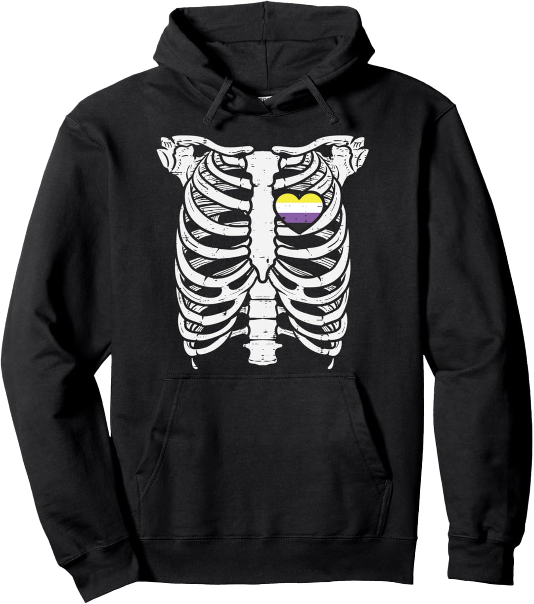 Skeleton Xray Ribs Halloween Heart LGBTQ Genderqueer Enby Pullover Hoodie